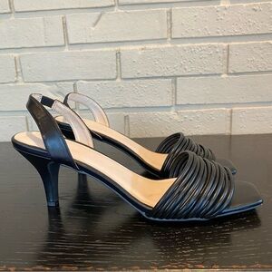 H Halston Hong Kong Sling Back Leather Heels Sandals Shoes BLACK 8.5 Square Toe